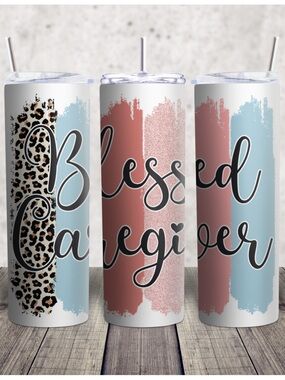 Blessed Caregiver Stainless Tumbler in Blue & Rose with Leopard Accent